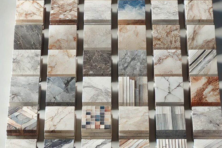 This image shows various types of microcrystalline stone samples arranged as flat rectangular slabs. Each slab features distinct colors and patterns, such as full-body, composite, nano, and marble-like microcrystalline stones, ideal for use in different architectural and decorative applications.