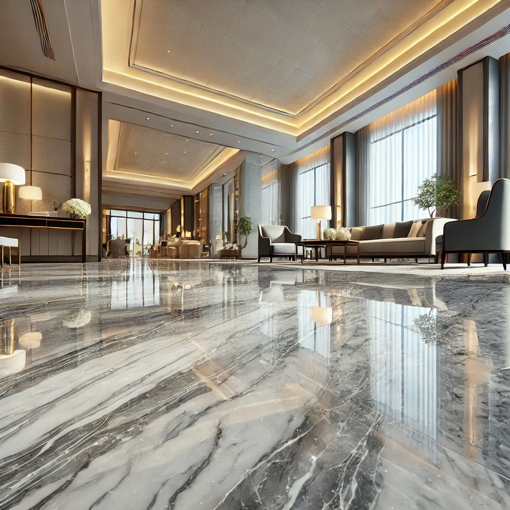 This image showcases the floor of a luxurious hotel lobby made from full-body microcrystalline stone. The floor features a smooth, high-gloss surface with a white and grey marble pattern, reflecting ambient light to enhance the premium feel of the space.