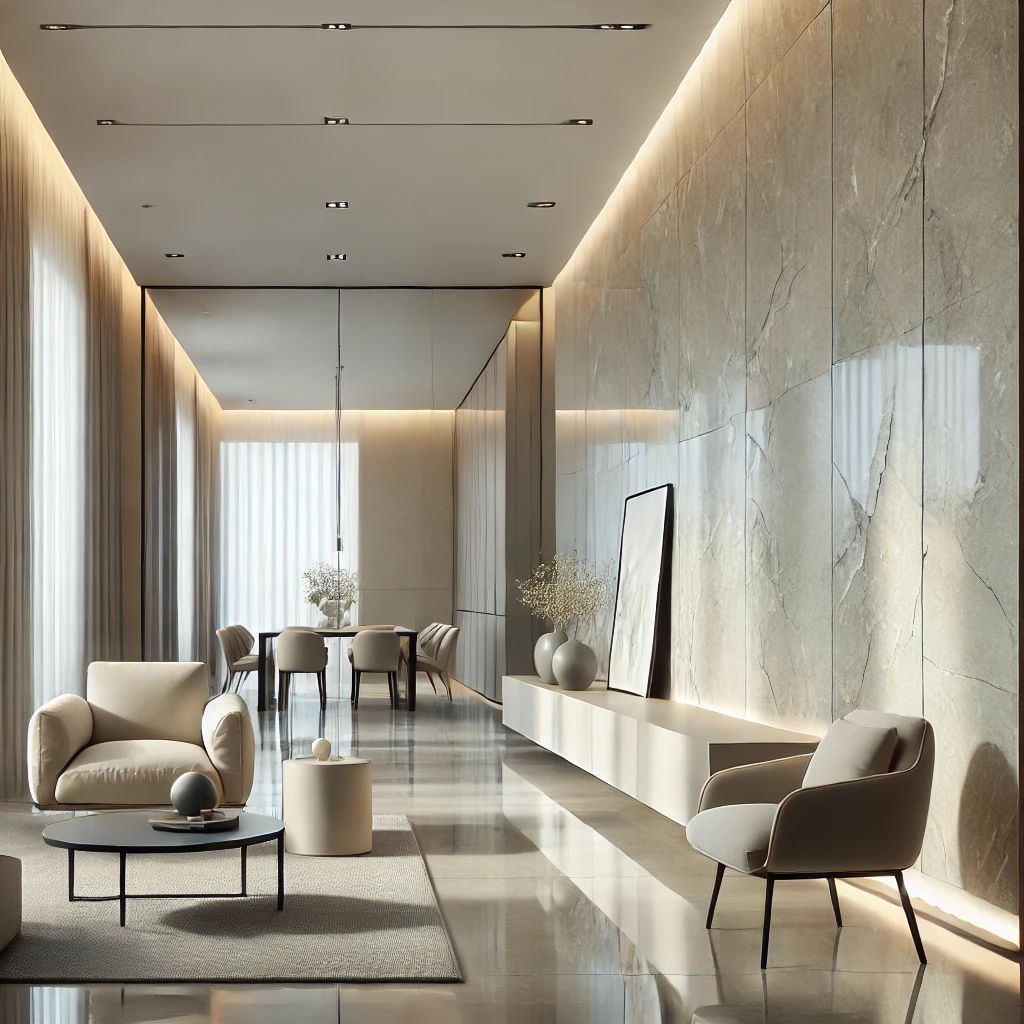 The image displays a composite microcrystalline stone wall in a contemporary living room. The wall has a light beige color with subtle veins and a smooth, glossy surface that reflects the soft lighting, creating a clean and elegant aesthetic.