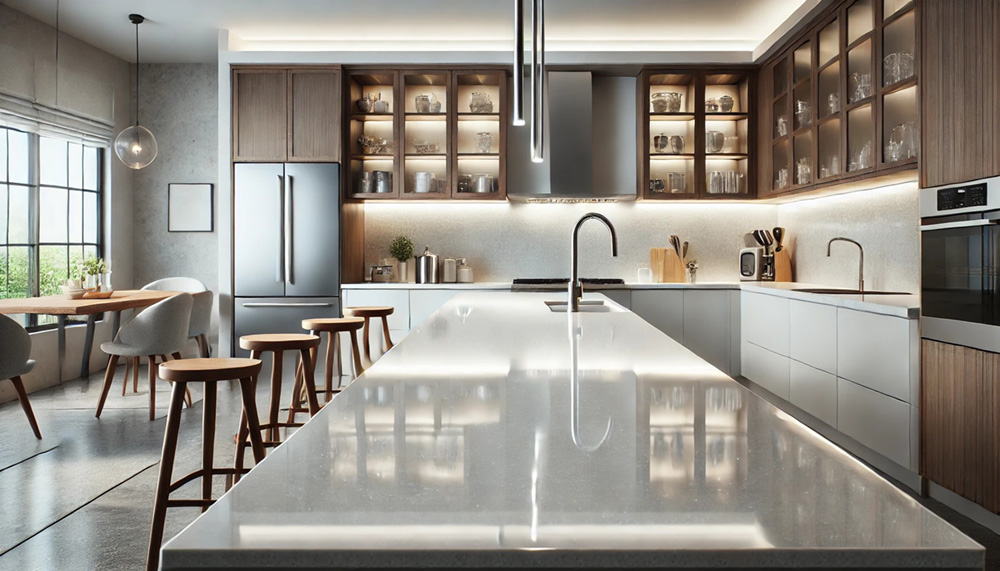 xplore the elegance and durability of Zonve Nano Glass Countertops in a modern kitchen setting. This image showcases the sleek design, reflecting light beautifully, and offering an easy-to-maintain surface for your cooking space.